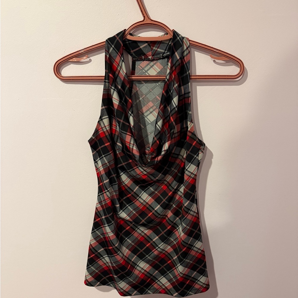 Chic Plaid Cowl Neck Tank Top